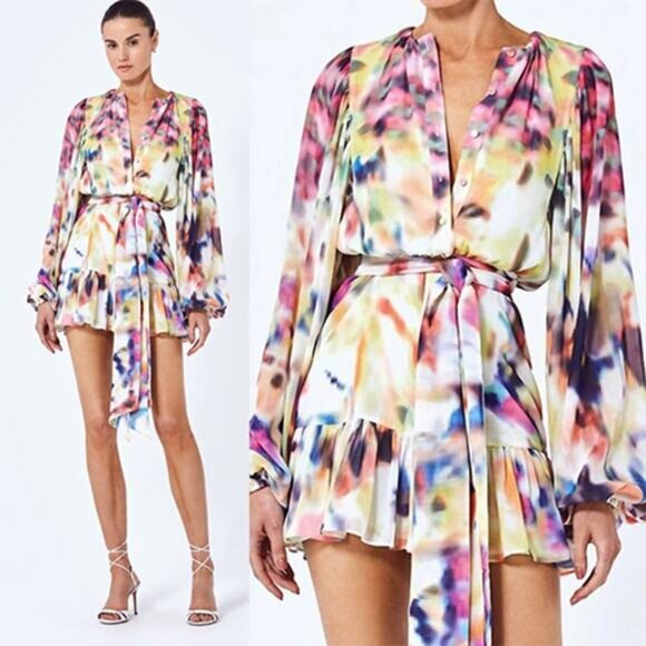 NWT Alexis Leonie Belted Abstract-Print Mini Dress Iridescent Size: Large - Picture 10 of 10